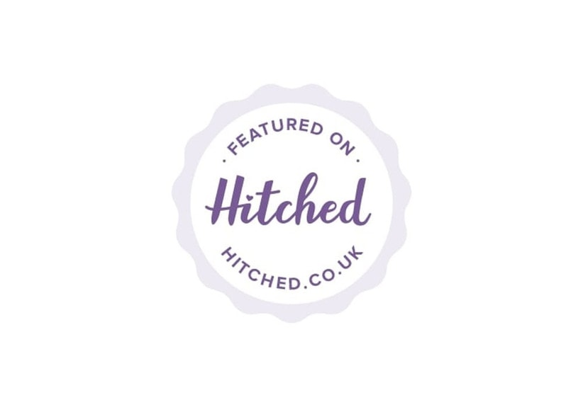Featured on Hitched.co.uk badge in lavender.