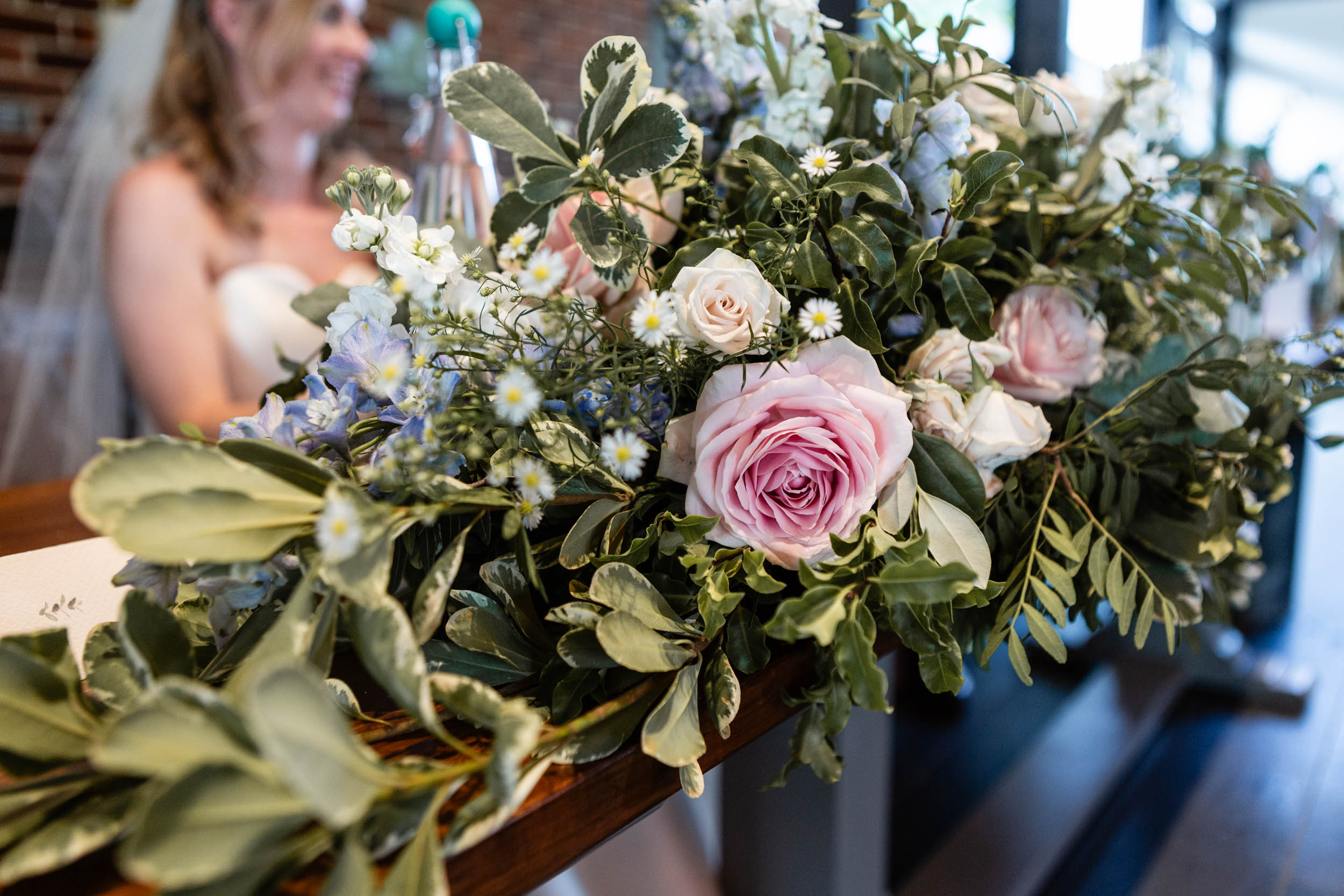 Elegant flower arrangement with pink roses at Syrencot House