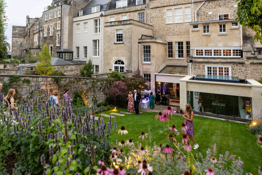 Elegant garden party at historic stone house