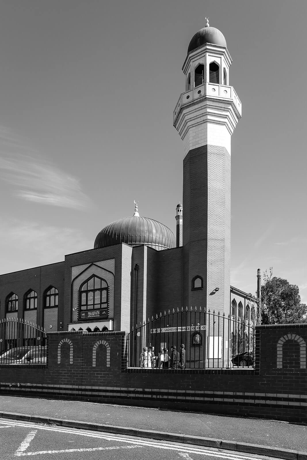 Black and white image of a mosque